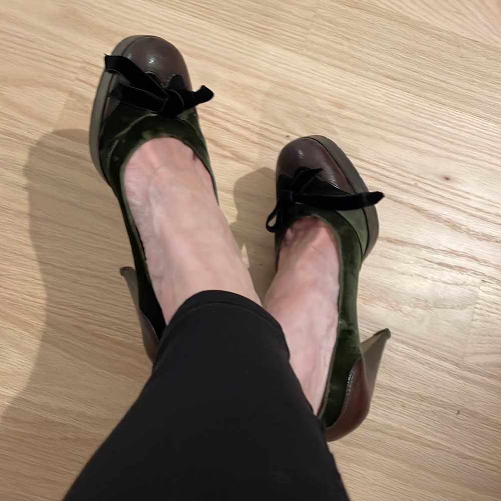 Lanvin 39 Platform Heels Lux Green Velvet and Brown Leather